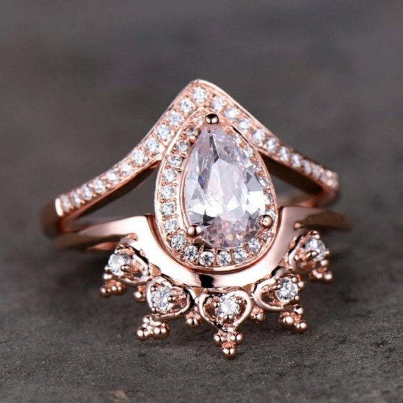 18K ROSE GOLD DESIGN TEARDROP RING SET - Picture 2 of 7